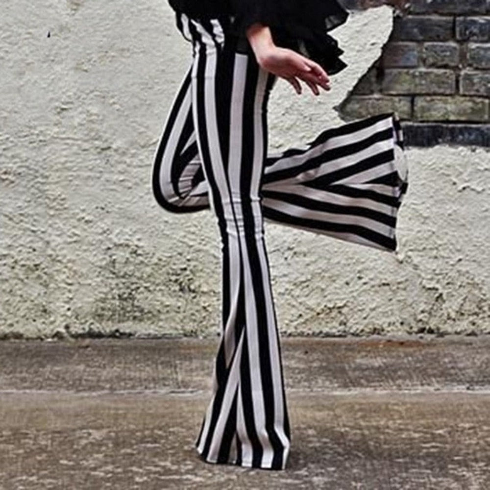 White Striped High Waist Flare Trousers Pants (Size S-XL)