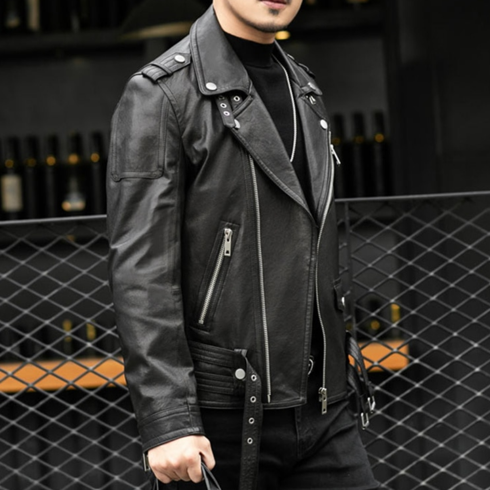 Black Zipper Leather Jacket (7 Sizes) M-5XL