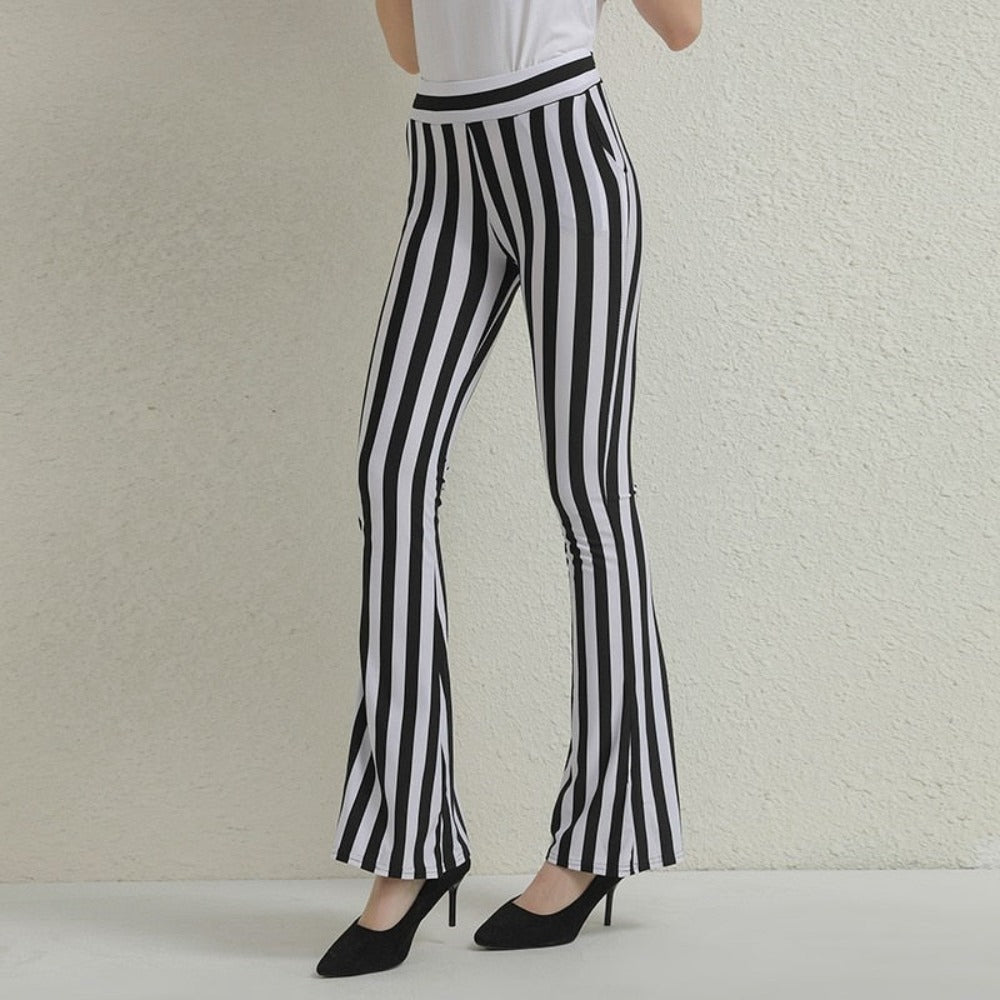 White Striped High Waist Flare Trousers Pants (Size S-XL)