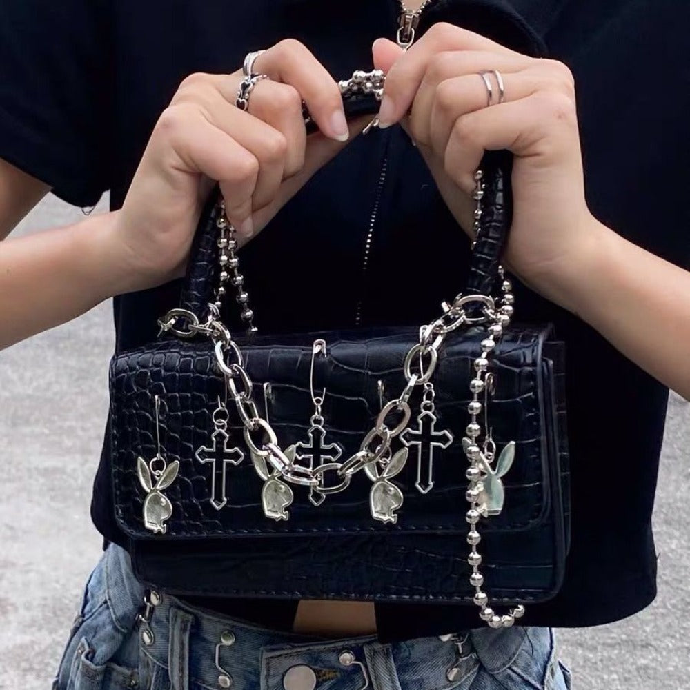 Gothic Bunnies Safety Pin Cross Chain Purse Chunky Leather Bag