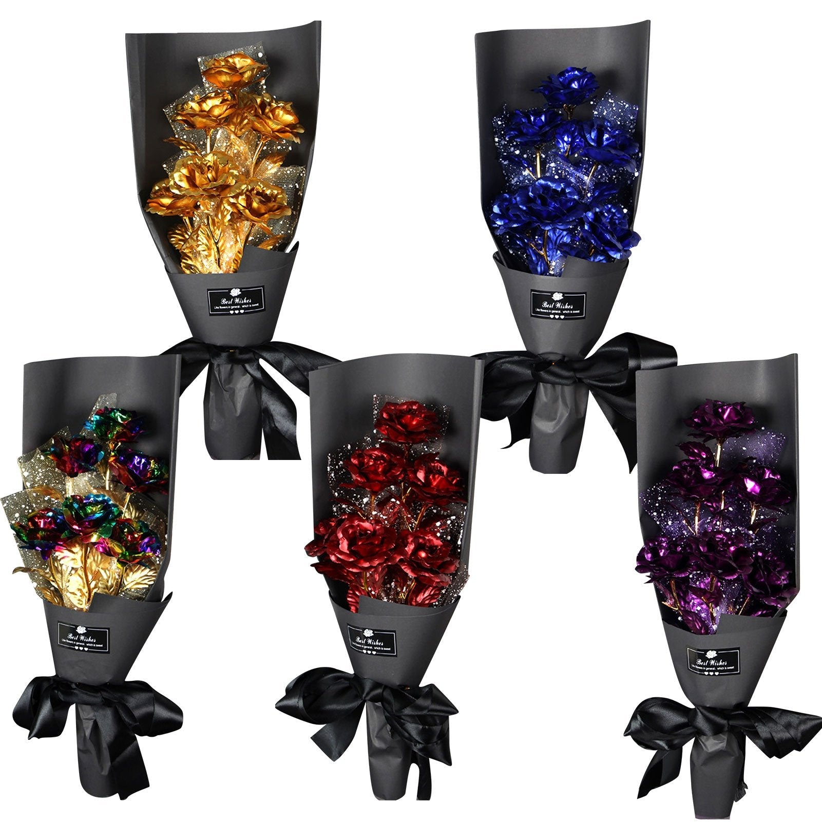 24k Galaxy Foil Rose Bouquet 6 Flower Arrangement (5 Colors) w/Gift Box