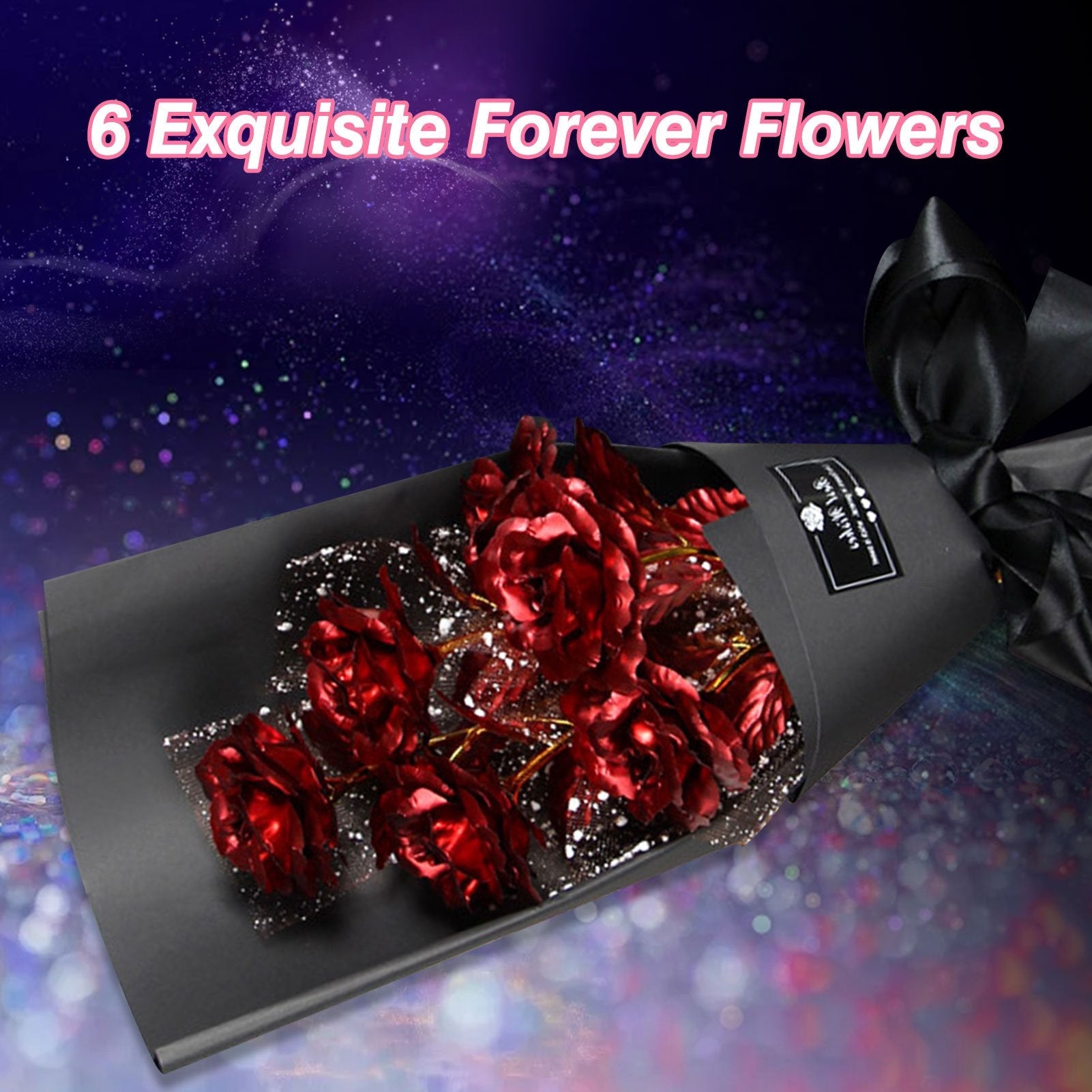 24k Galaxy Foil Rose Bouquet 6 Flower Arrangement (5 Colors) w/Gift Box