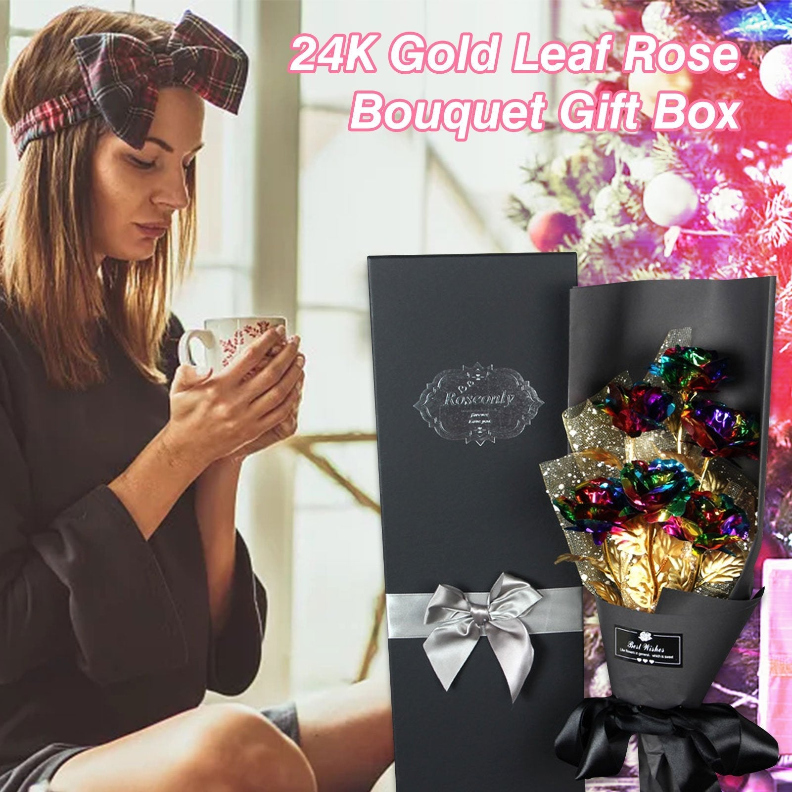 24k Galaxy Foil Rose Bouquet 6 Flower Arrangement (5 Colors) w/Gift Box
